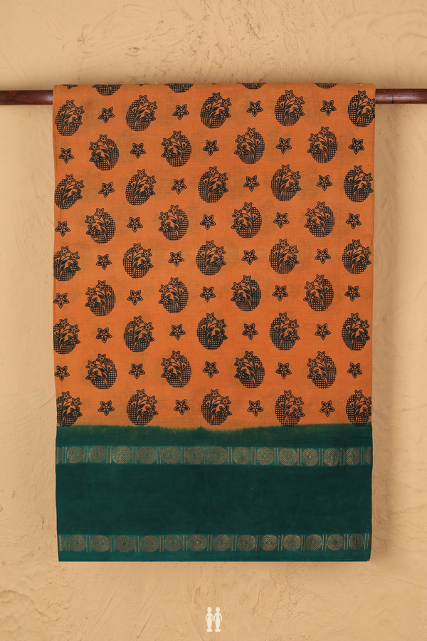 Nine Yards Sungudi Cotton Saree Orange With Floral Design