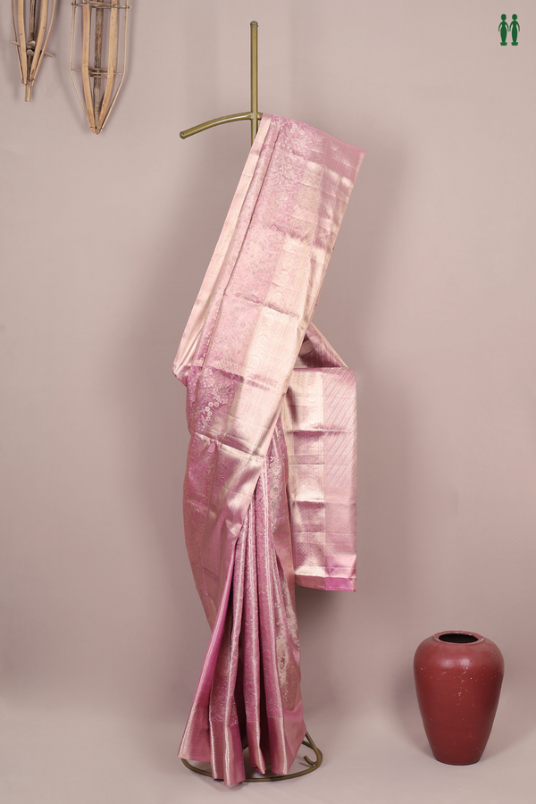 Kanchipuram Silk Saree In Tissue Pink With Floral Design