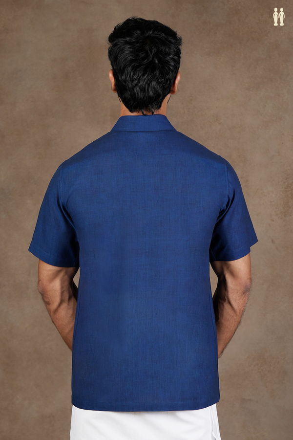 Regular Collar Embroidered Design Oxford Blue Cotton Shirt