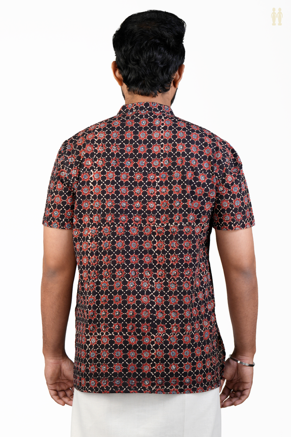 Chinese Collar Printed Design Black Cotton Short Kurta