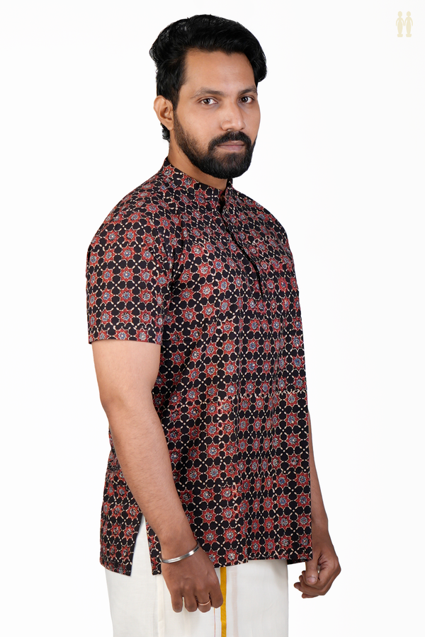 Chinese Collar Printed Design Black Cotton Short Kurta
