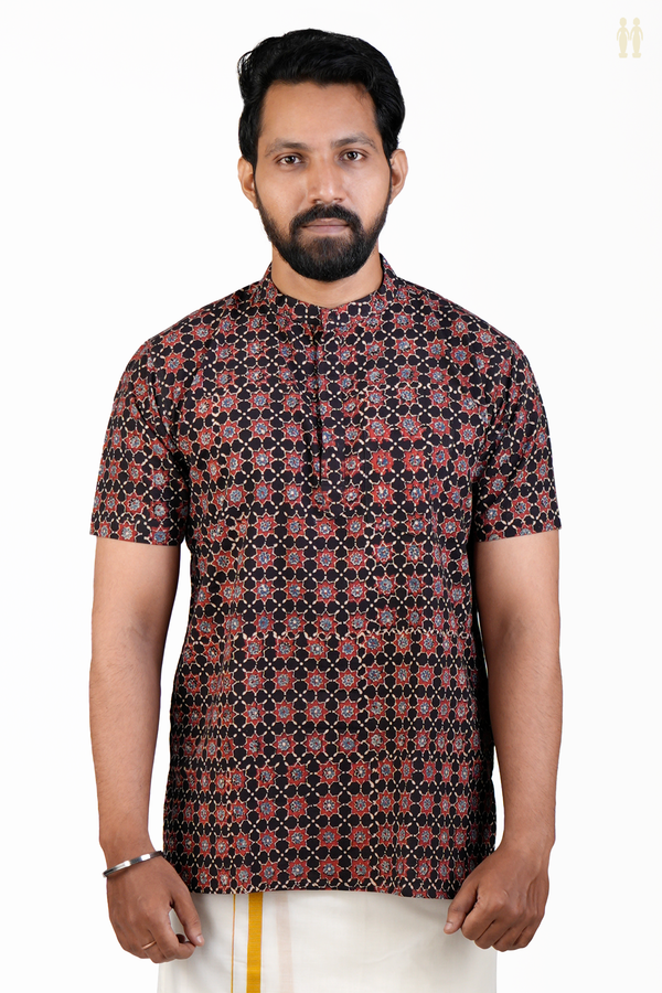 Chinese Collar Printed Design Black Cotton Short Kurta