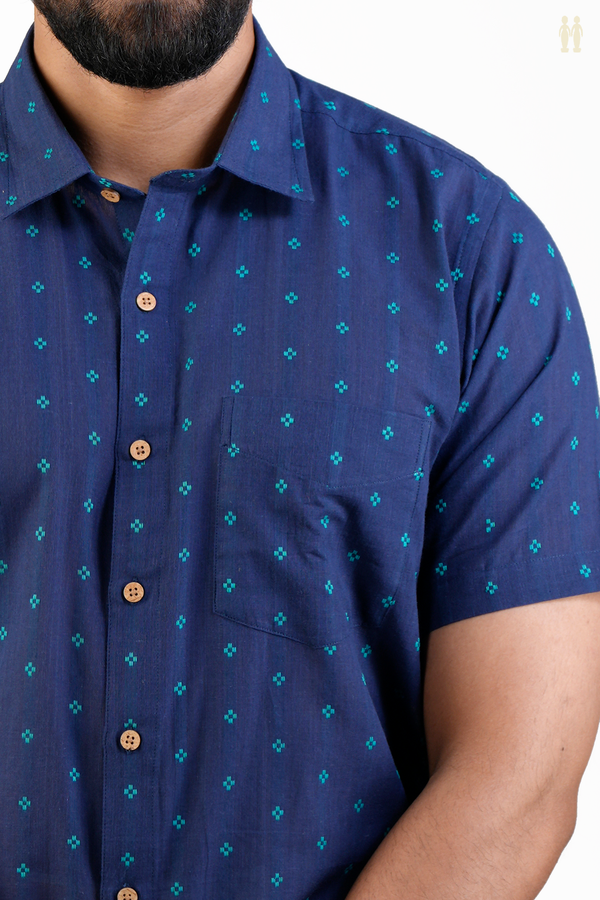 Regular Collar Threadwork Buttis Navy Blue Cotton Shirt