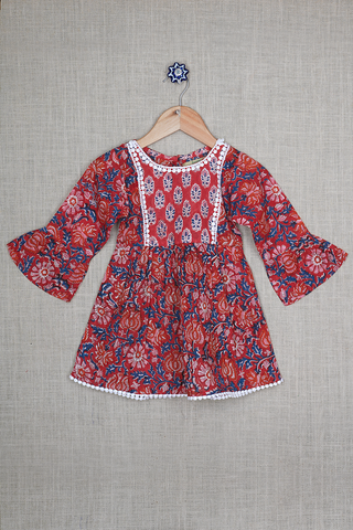 Round Neck Floral Printed Ruby Red Dobby Cotton Frock