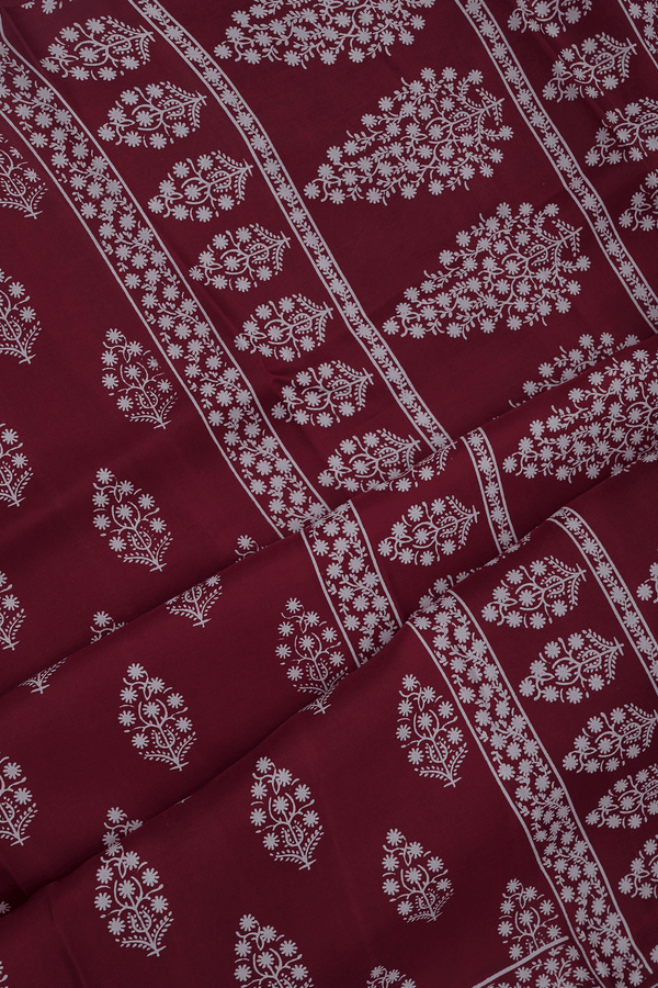 Allover Floral Design Burgundy Red Printed Silk Saree