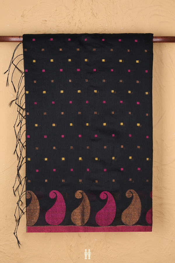 Bengal Cotton Saree In Black With Threadwork Buttas