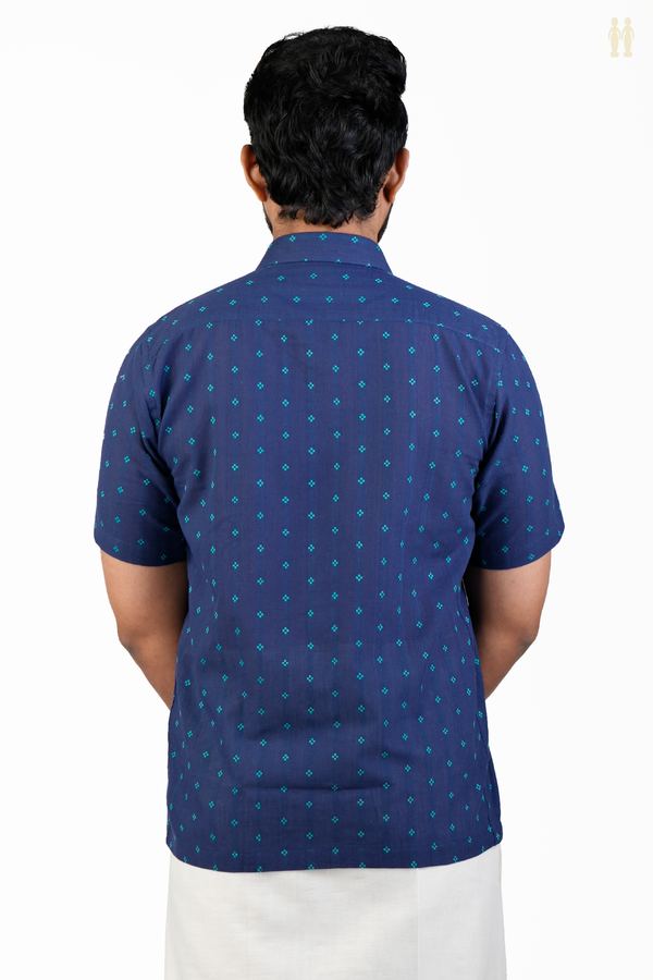 Regular Collar Threadwork Buttis Navy Blue Cotton Shirt