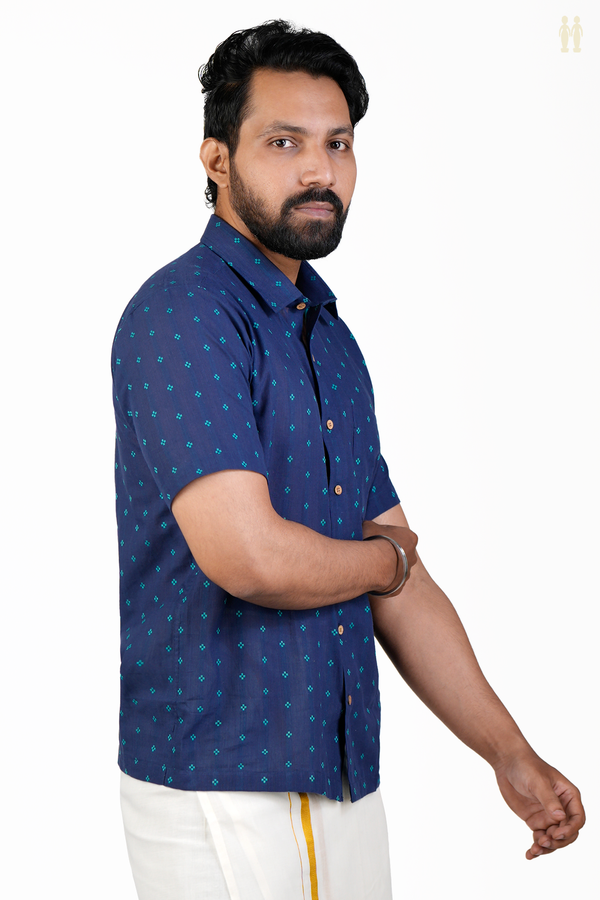 Regular Collar Threadwork Buttis Navy Blue Cotton Shirt