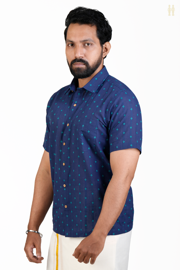 Regular Collar Threadwork Buttis Navy Blue Cotton Shirt