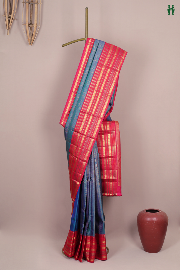 Kanchipuram Silk Saree In Prussian Blue With Stripes Design