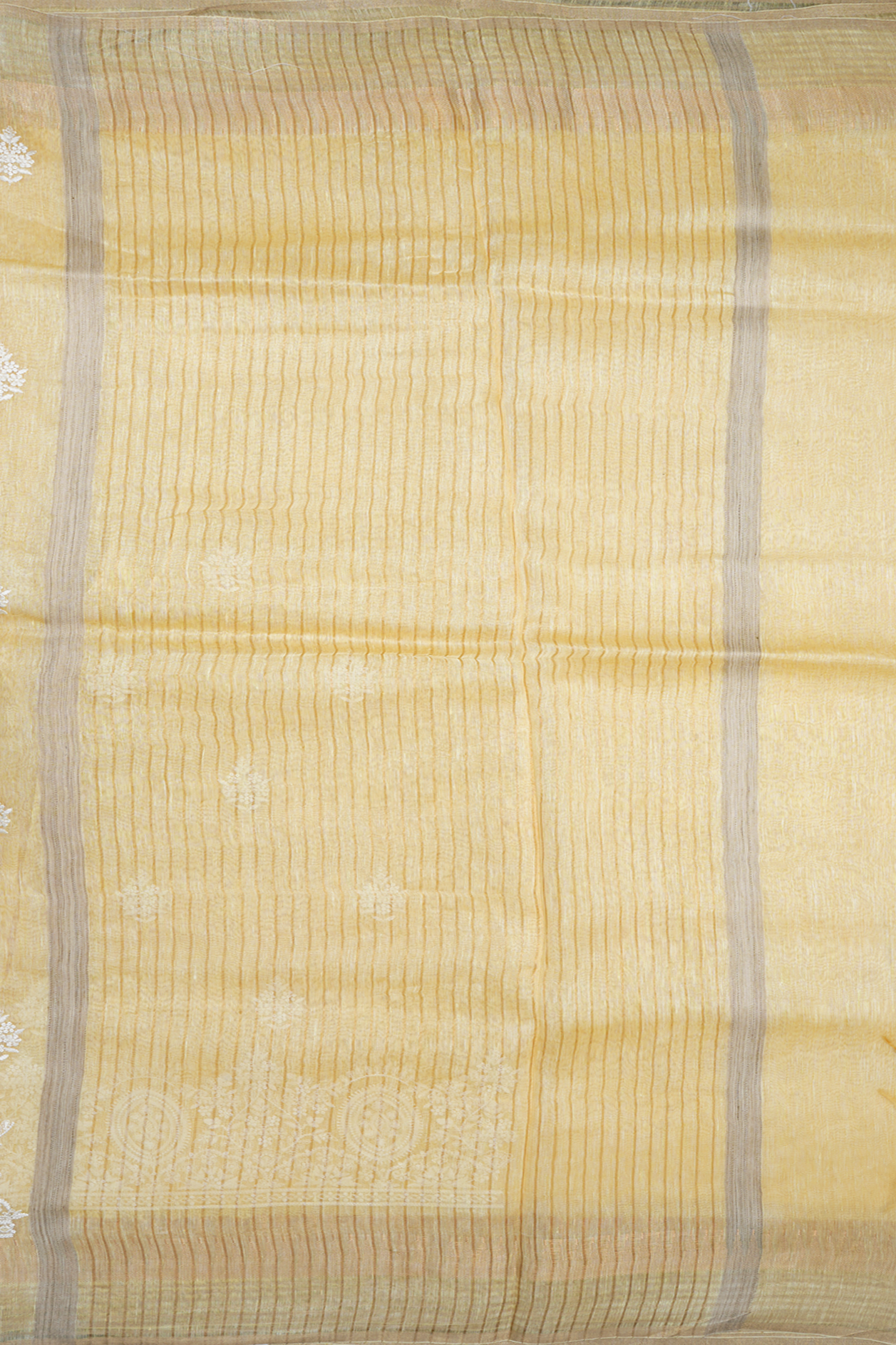 Floral Embroidered Motifs Pastel Yellow Linen Saree