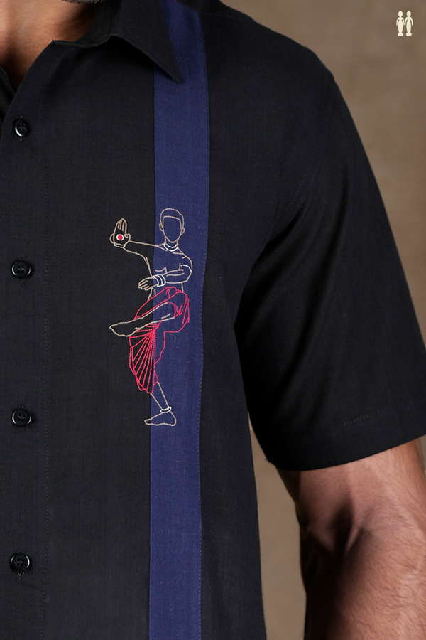 Regular Collar Embroidered Design Black Cotton Shirt