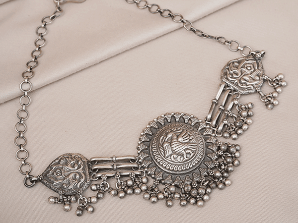 Peacock Design With Beads Oxidized Pure Silver Choker