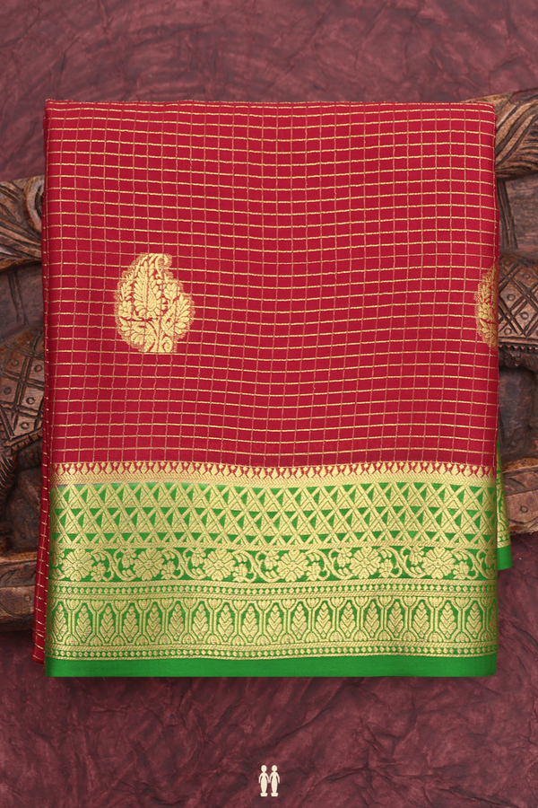 Mysore Silk Saree In Ruby Red With Checks Design