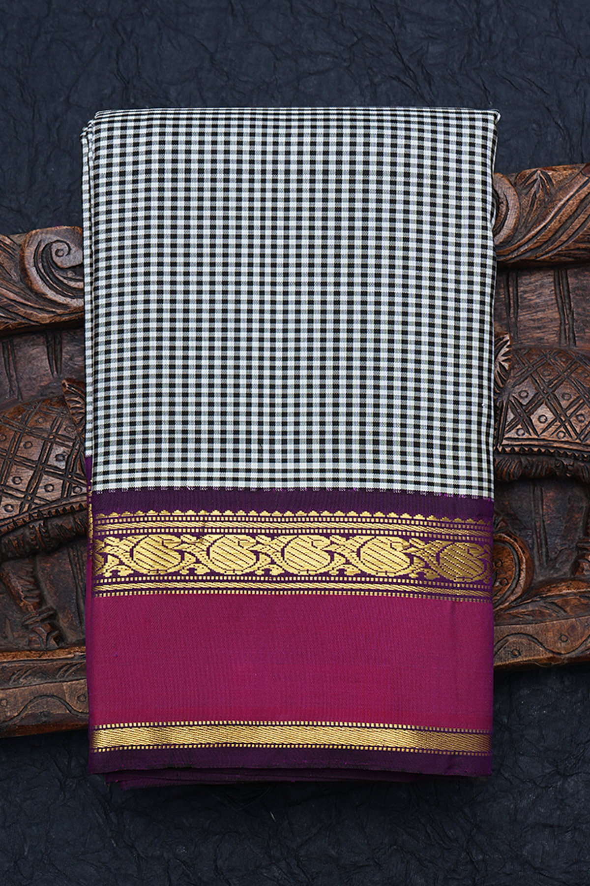 Checks Design Black And White Kanchipuram Silk Saree