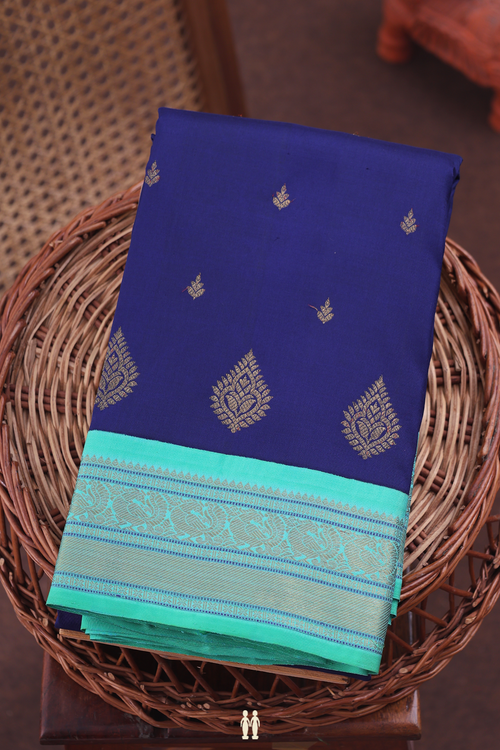 Kanchipuram Silk Saree In Navy Blue With Zari Buttas