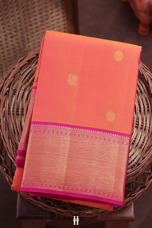 Kanchipuram Silk Saree In Coral Orange With Peacock Buttas