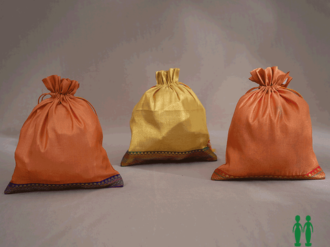 Assorted Set Of 3 Yellow And Orange Silk Potli Bags