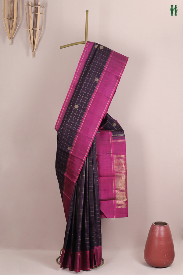 Kanchipuram Silk Saree Deep Purple With Checks Along Buttas