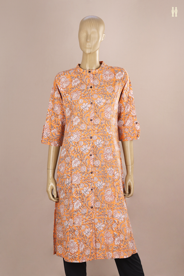 Chinese Neck Floral Printed Melon Orange Cotton Long Kurta