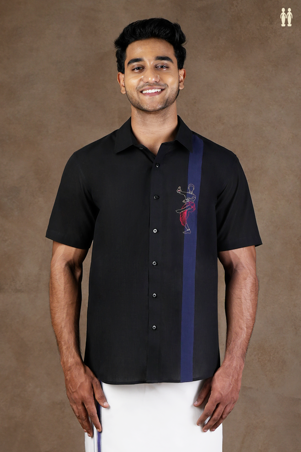 Regular Collar Embroidered Design Black Cotton Shirt