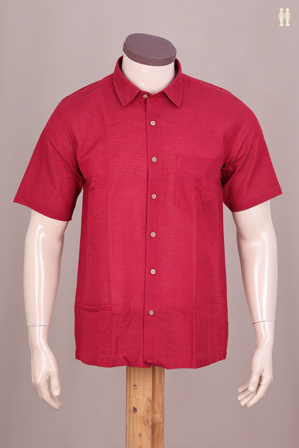 Regular Collar Threadwork Buttis Red Dobby Cotton Shirt
