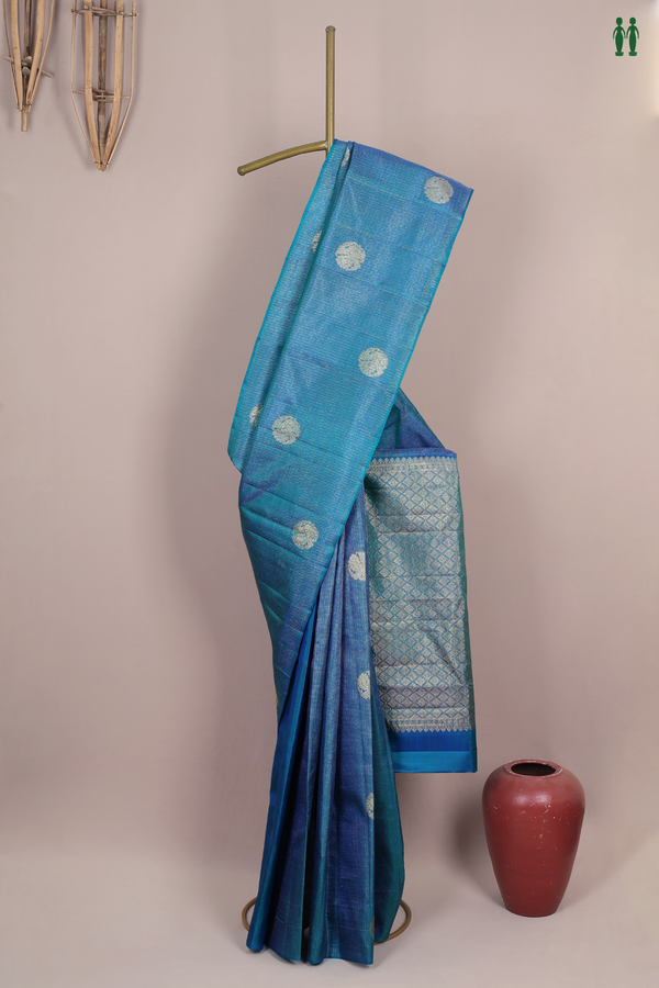 Kanchipuram Silk Saree In Prussian Blue With Stripes Design