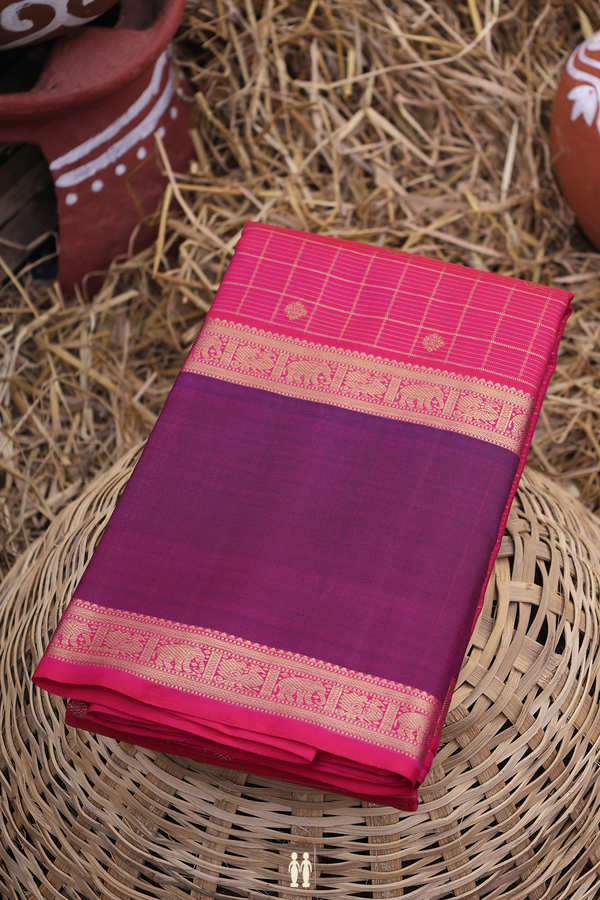 Kanchipuram Silk Saree In Rani Pink With Checks Design