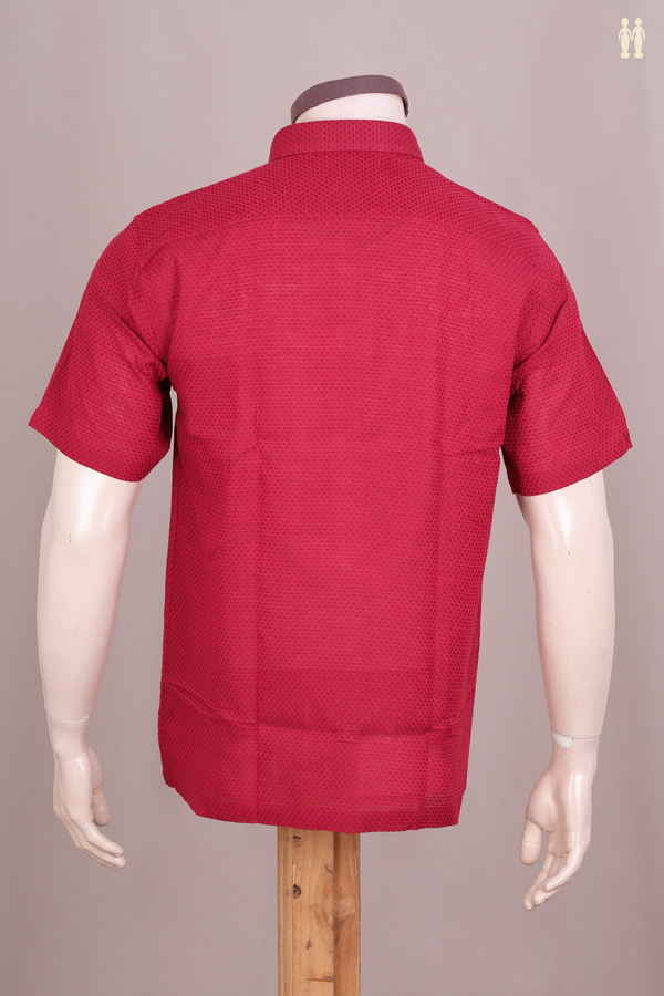 Regular Collar Threadwork Buttis Red Dobby Cotton Shirt