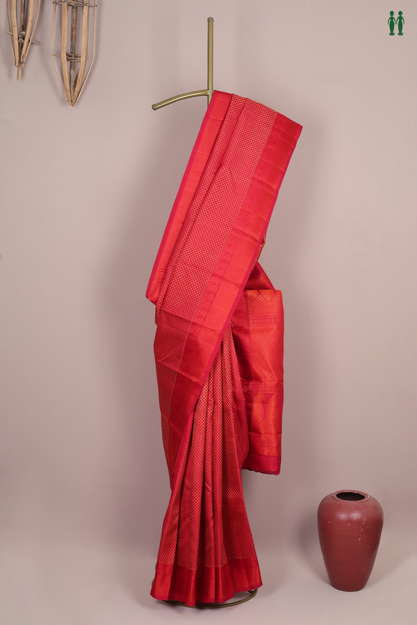 Kanchipuram Silk Saree In Ruby Red With Jacquard Pattern
