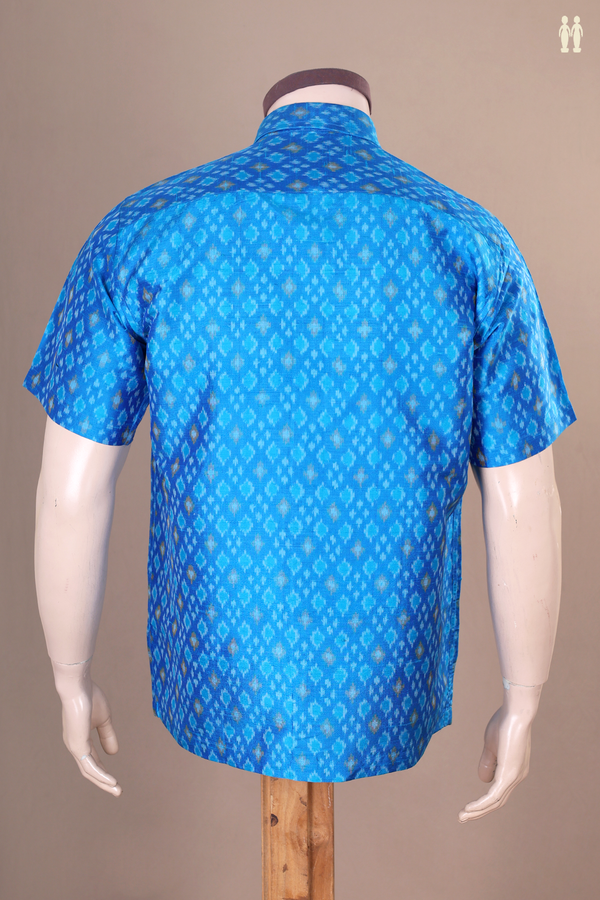 Regular Collar Printed Design Cerulean Blue Raw Silk Shirt