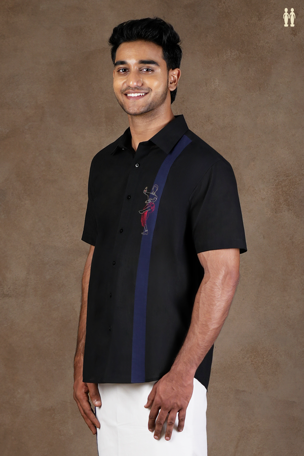 Regular Collar Embroidered Design Black Cotton Shirt