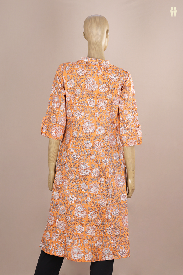 Chinese Neck Floral Printed Melon Orange Cotton Long Kurta