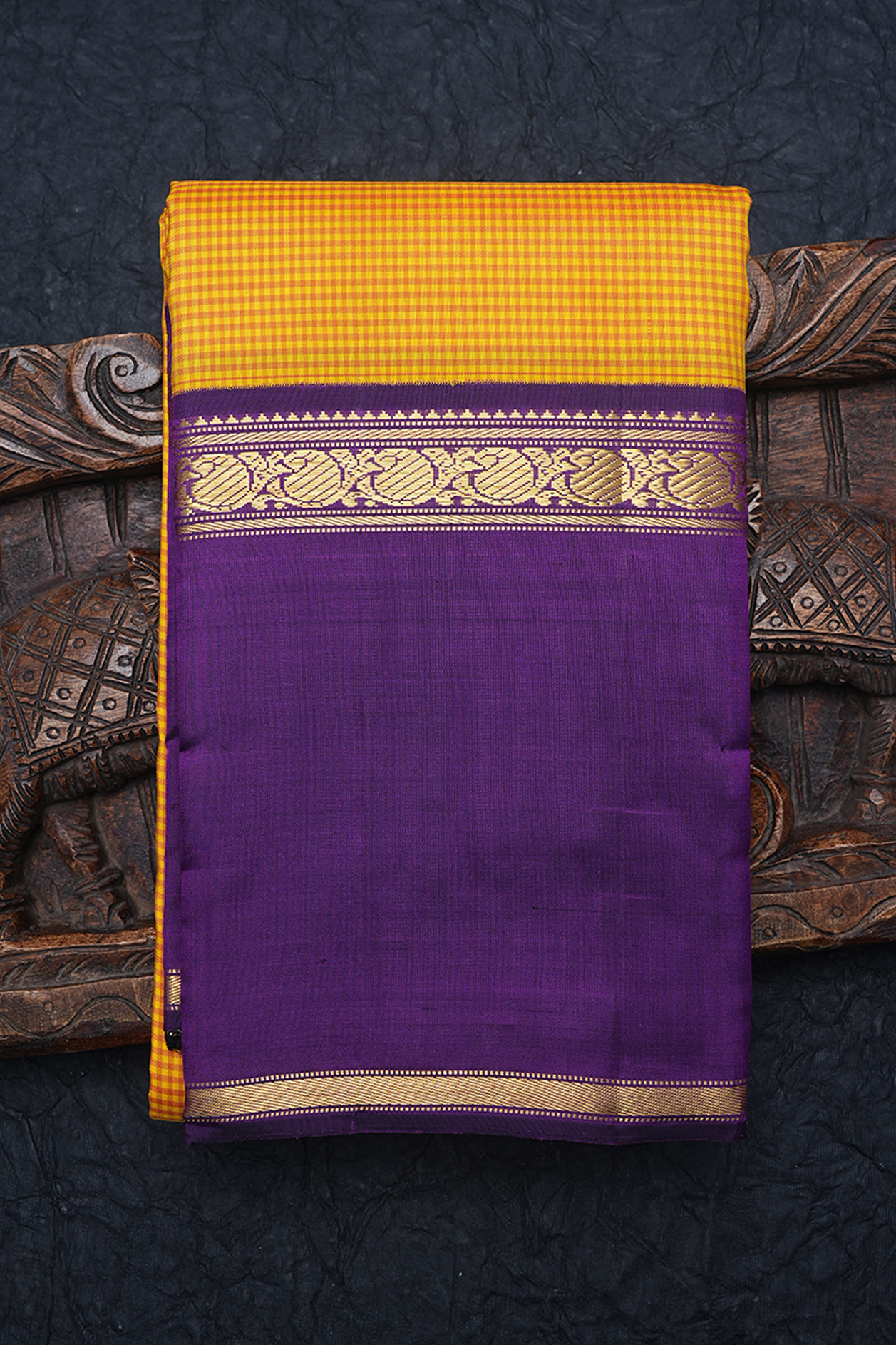 Self Checked Design Saffron Yellow Kanchipuram Silk Saree