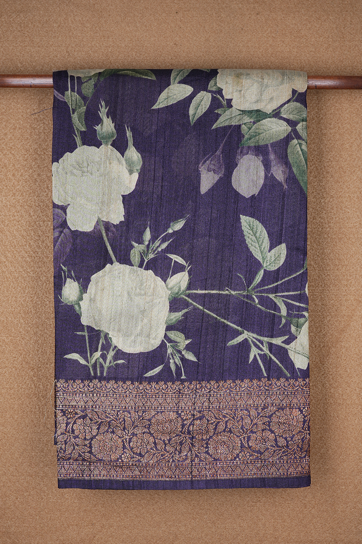 Floral Printed Regal Purple Tussar Banarasi Silk Saree