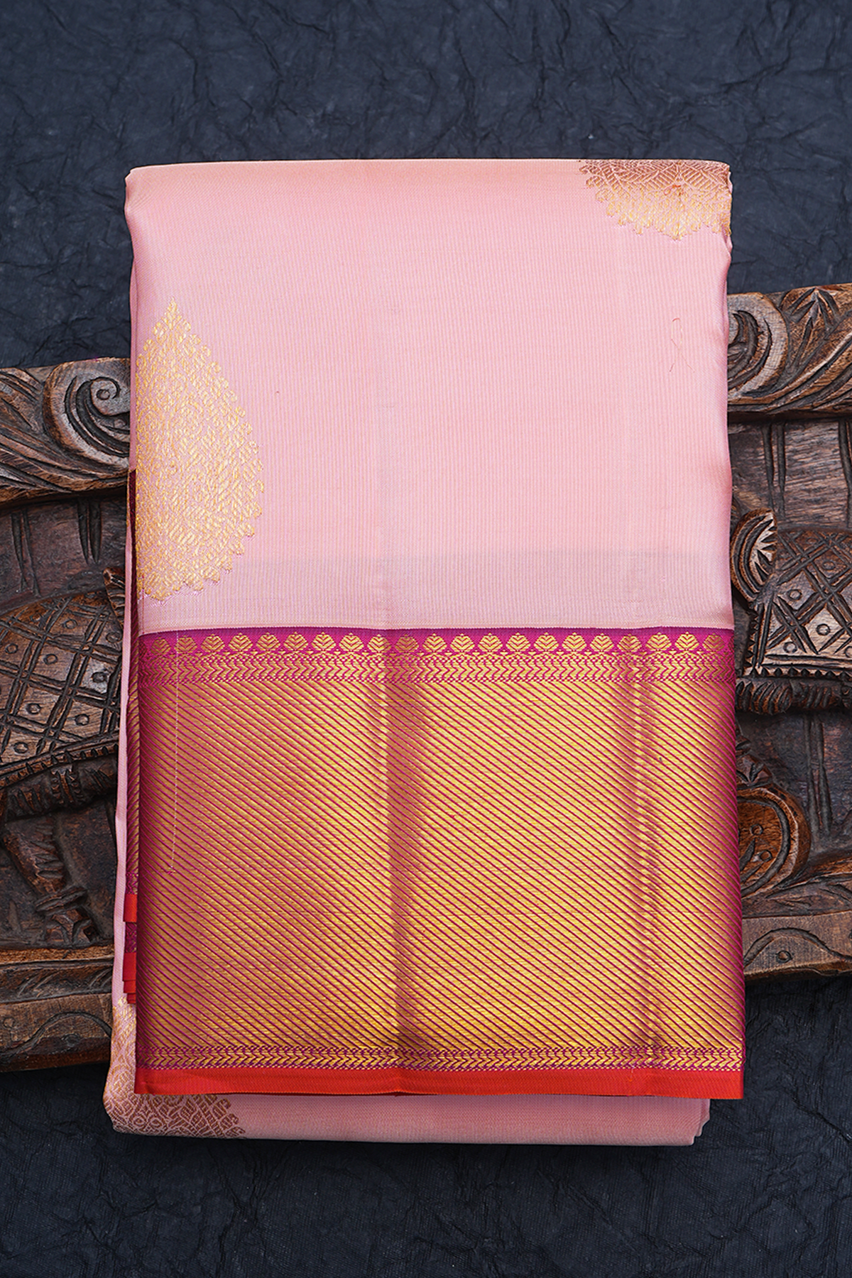 Thilagam Zari Motifs Pastel Orange Kanchipuram Silk Saree