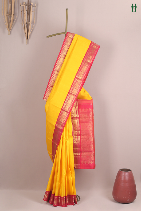 Kanchipuram Silk Saree In Saffron Yellow With Korvai Border
