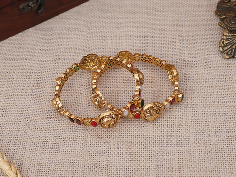 Multicolor Stone Gold Plated Pure Silver Screw Bangles