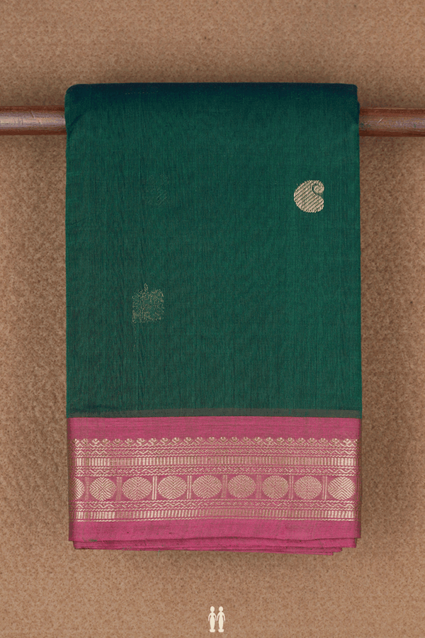 Peacock Paisley Buttas Pine Green Kanchi Cotton Saree