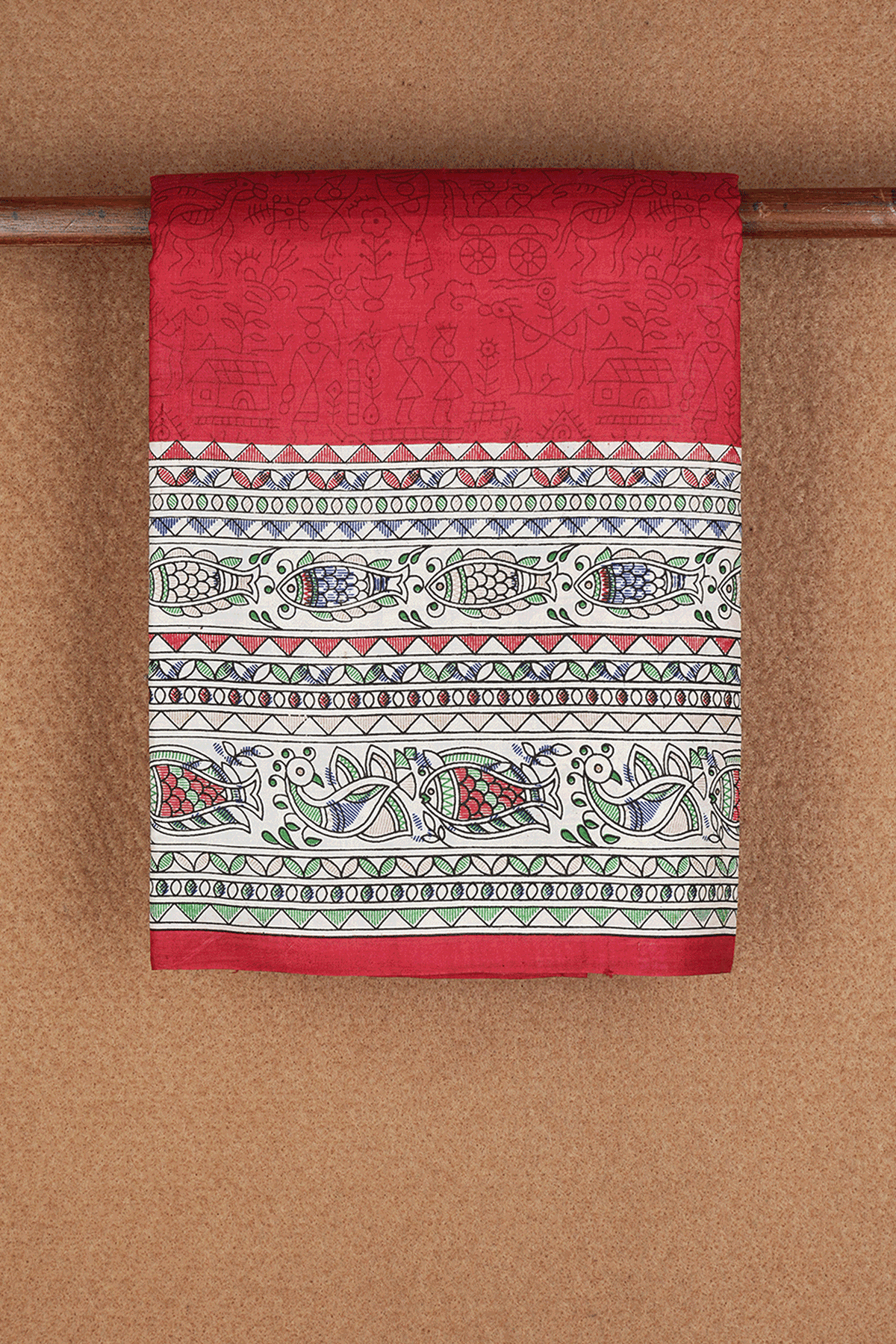 Madhubani Design Border Scarlet Red Printed Silk Saree