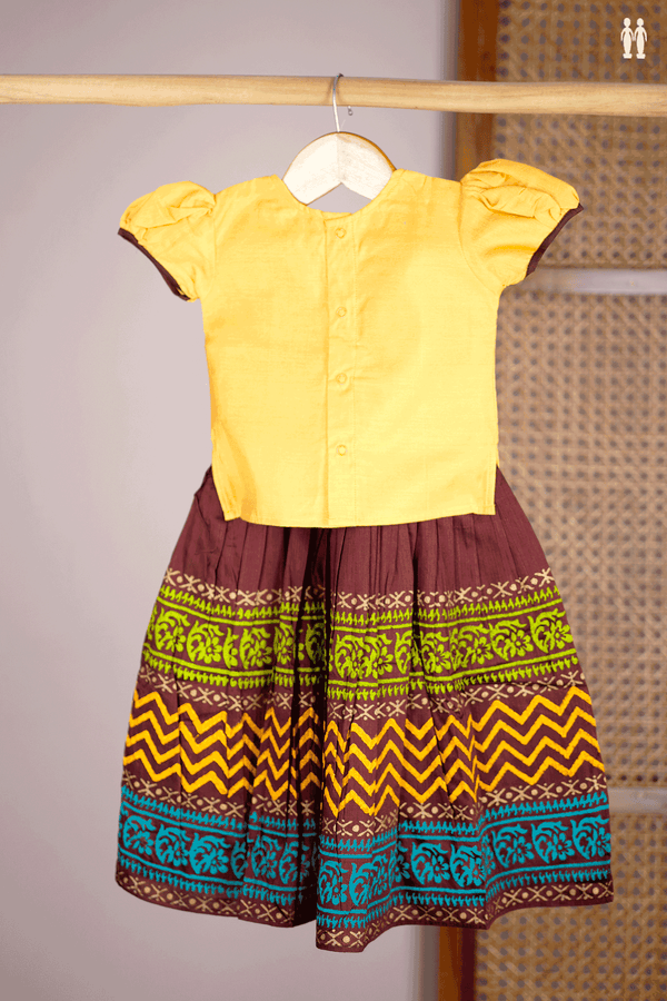 Printed Design Yellow And Brown Readymade Pavadai Sattai