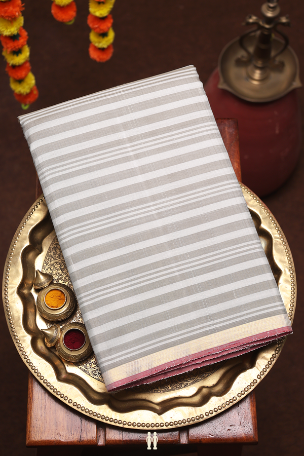 Kanchipuram Silk Saree In Grey With Stripes Design