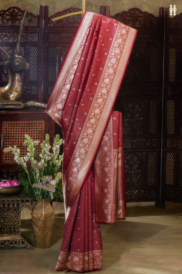 Banarasi Silk Saree In Ruby Red With Floral Design
