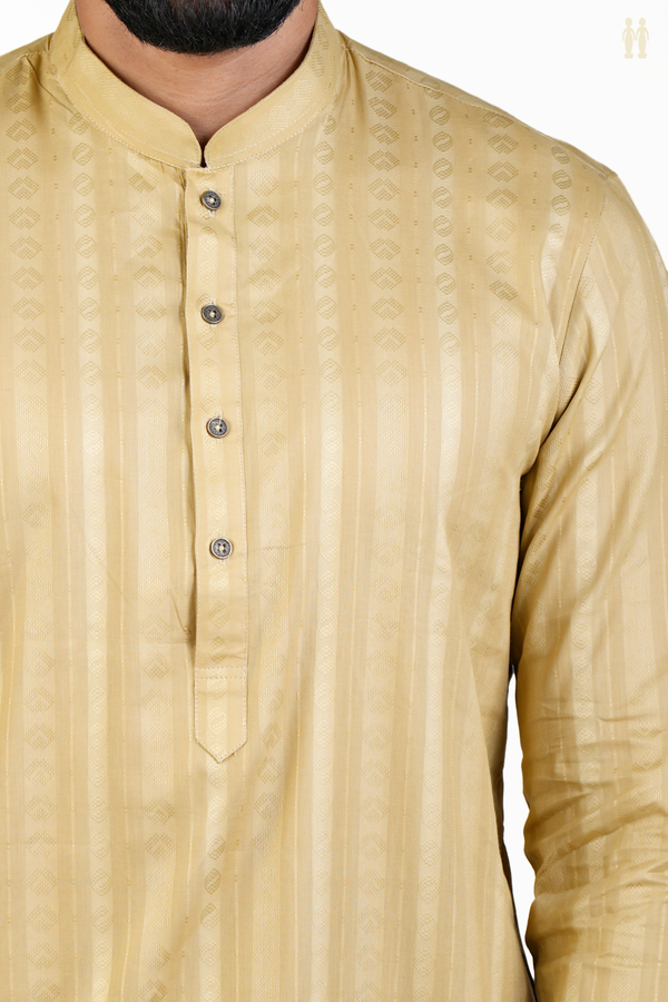 Chinese Collar Threadwork Design Khaki Cotton Long Kurta