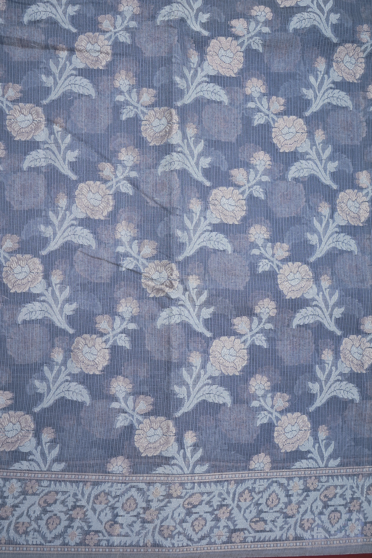 Floral Design Pigeon Blue Semi Kora Silk Cotton Saree