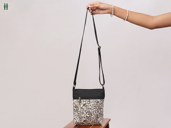 Printed Design Beige Cotton Sling Bag