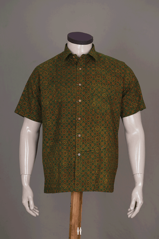 Regular Collar Dark Green Ajrakh Printed Cotton Shirt