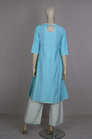 Striped With Bird Embroidery Dusty Blue A-line Salwar Set