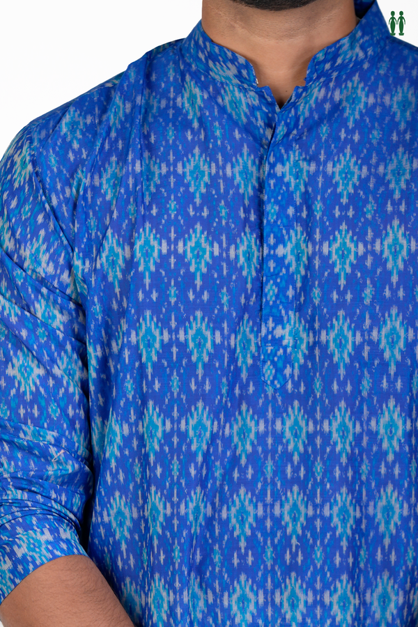 Chinese Collar Printed Design Royal Blue Silk Cotton Long Kurta