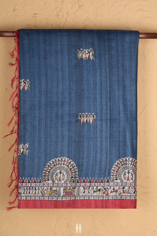 Tussar Madhubani Silk Saree In Capri Blue With Warli Design